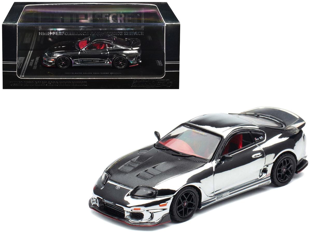 Toyota Supra (A80) 'Top Secret' GT300 RHD (Right Hand Drive) Chrome with Carbon Hood and Red Interior 'Tokyo Auto Salon 2026 Event Exclusive' 1/64 Diecast Model Car by Inno Models