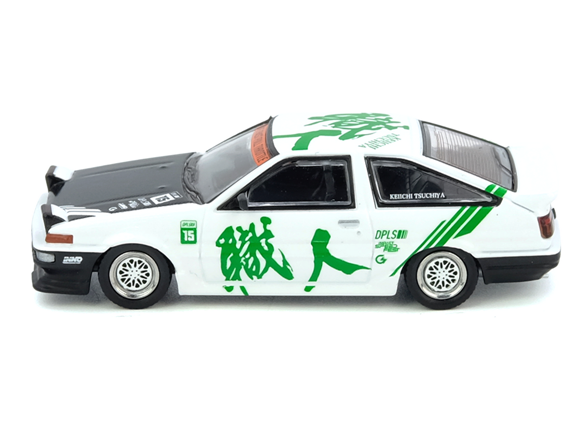 Toyota Sprinter Trueno (AE86) RHD (Right Hand Drive) #15 'Keiichi Tsuchiya' White with Green Graphics 1/64 Diecast Model Car by Inno Models