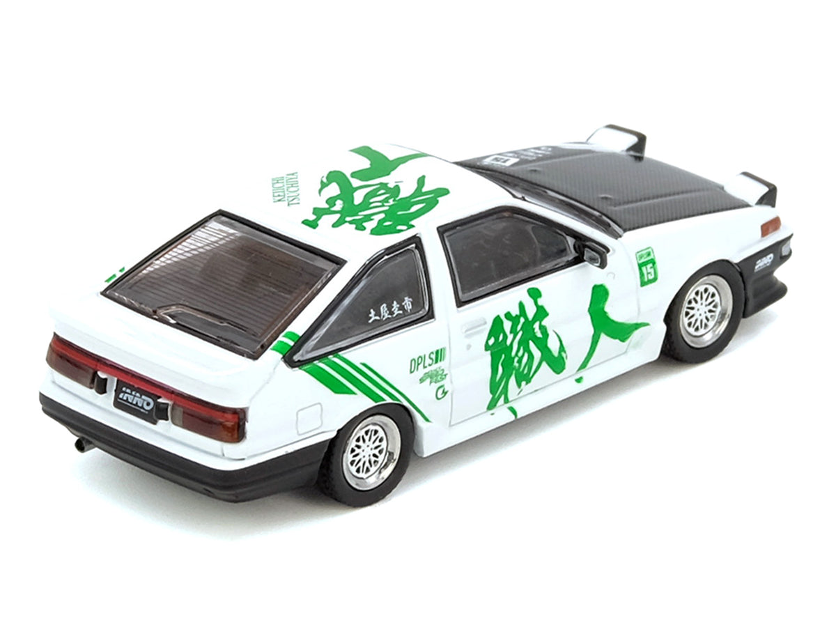 Toyota Sprinter Trueno (AE86) RHD (Right Hand Drive) #15 'Keiichi Tsuchiya' White with Green Graphics 1/64 Diecast Model Car by Inno Models