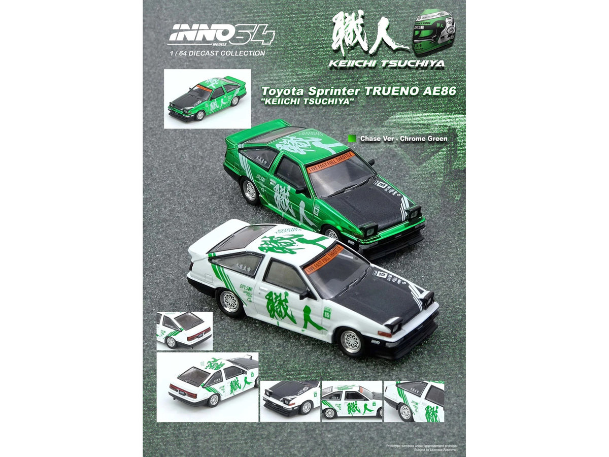 Toyota Sprinter Trueno (AE86) RHD (Right Hand Drive) #15 'Keiichi Tsuchiya' White with Green Graphics 1/64 Diecast Model Car by Inno Models
