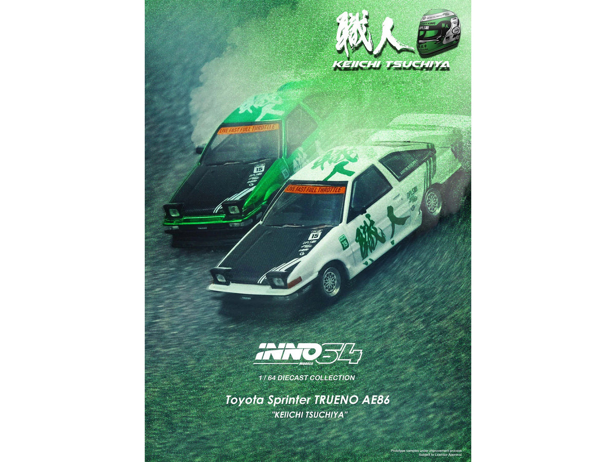 Toyota Sprinter Trueno (AE86) RHD (Right Hand Drive) #15 'Keiichi Tsuchiya' White with Green Graphics 1/64 Diecast Model Car by Inno Models