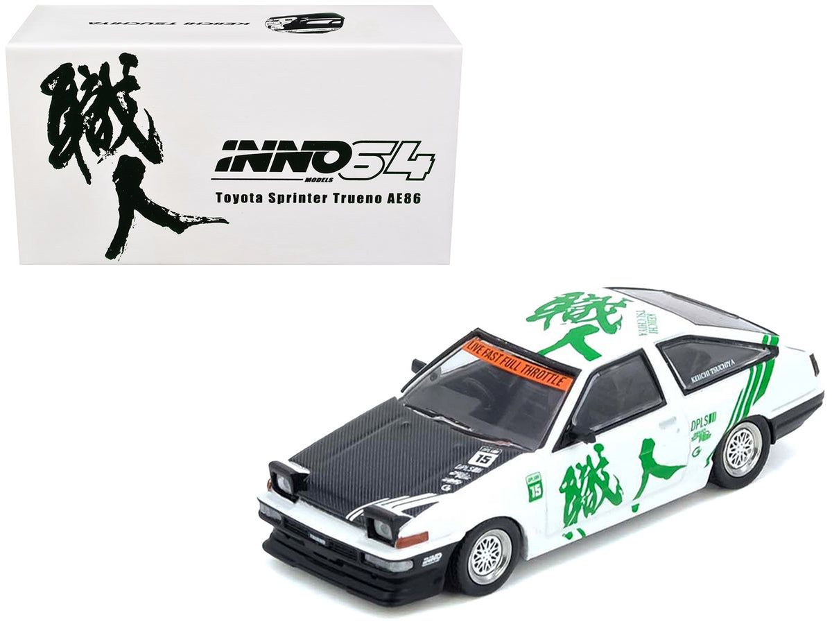 Toyota Sprinter Trueno (AE86) RHD (Right Hand Drive) #15 'Keiichi Tsuchiya' White with Green Graphics 1/64 Diecast Model Car by Inno Models