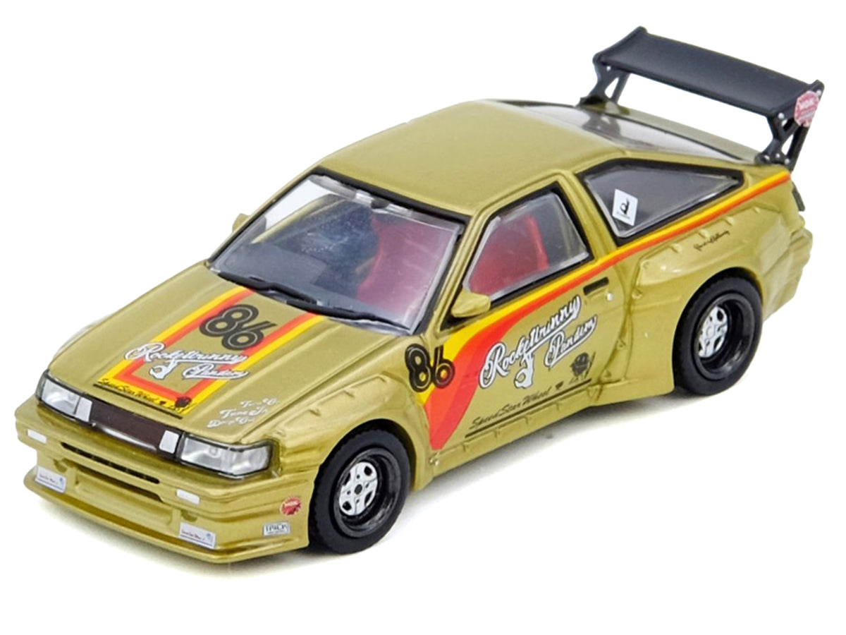 Toyota Levin (AE86) RHD (Right Hand Drive) #86 'Pandem Rocket Bunny' Gold Metallic with Stripes 1/64 Diecast Model Car by Inno Models