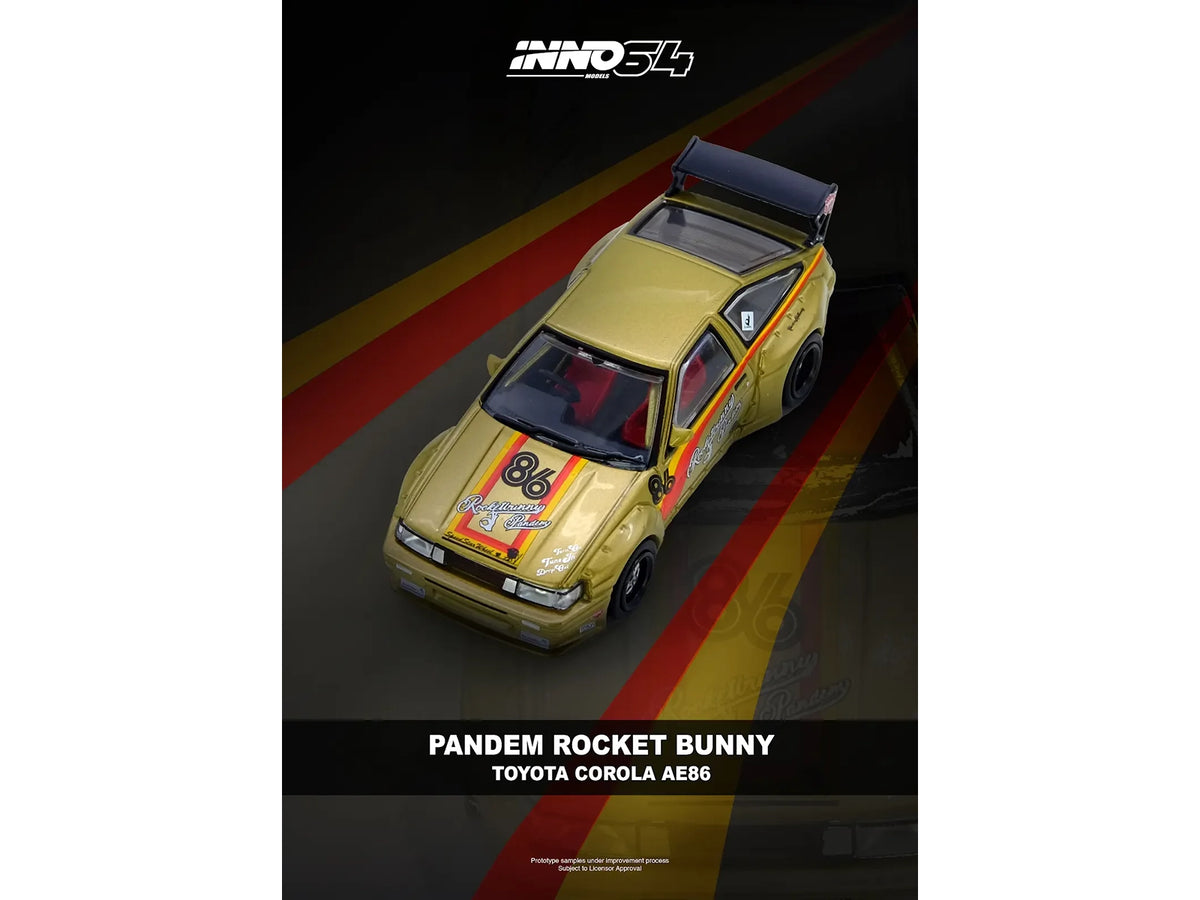 Toyota Levin (AE86) RHD (Right Hand Drive) #86 'Pandem Rocket Bunny' Gold Metallic with Stripes 1/64 Diecast Model Car by Inno Models