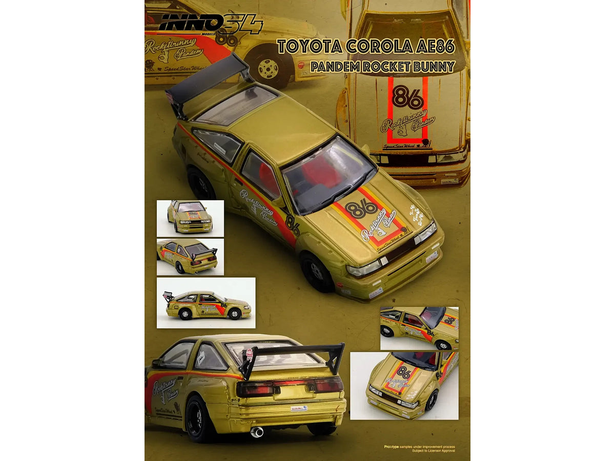 Toyota Levin (AE86) RHD (Right Hand Drive) #86 'Pandem Rocket Bunny' Gold Metallic with Stripes 1/64 Diecast Model Car by Inno Models