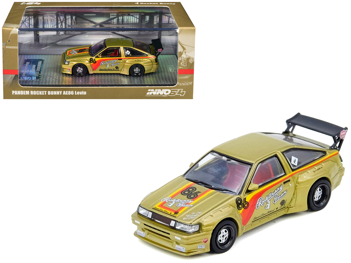 Toyota Levin (AE86) RHD (Right Hand Drive) #86 'Pandem Rocket Bunny' Gold Metallic with Stripes 1/64 Diecast Model Car by Inno Models
