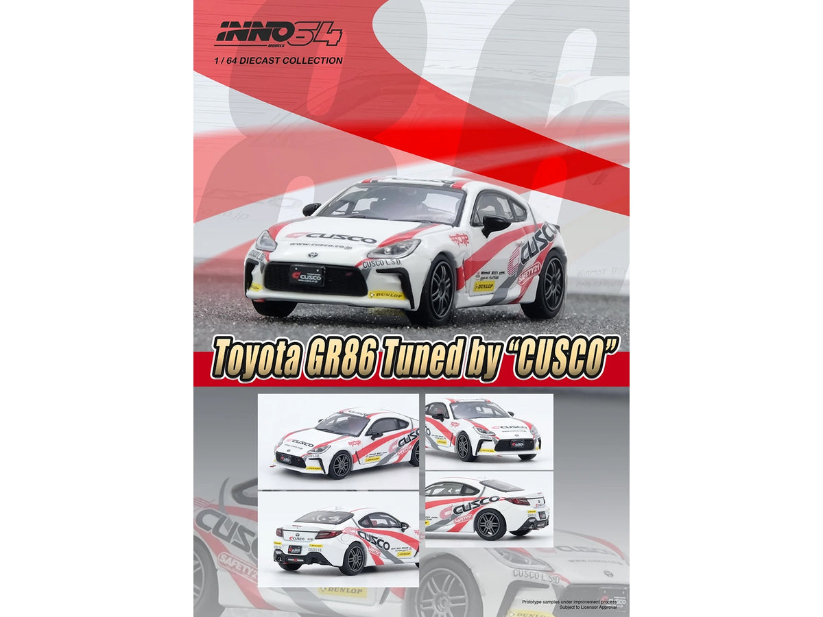 Toyota GR86 Tuned by 'CUSCO' RHD (Right Hand Drive) White with Red and Gray Stripes 1/64 Diecast Model Car by Inno Models