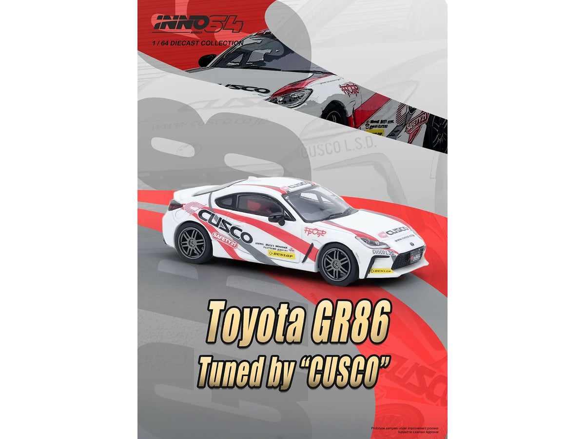 Toyota GR86 Tuned by 'CUSCO' RHD (Right Hand Drive) White with Red and Gray Stripes 1/64 Diecast Model Car by Inno Models