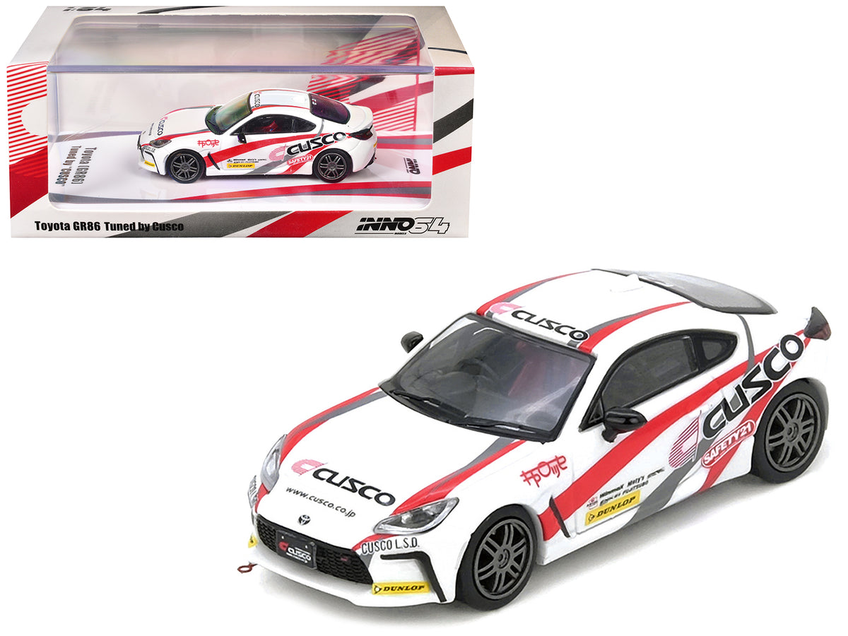 Toyota GR86 Tuned by 'CUSCO' RHD (Right Hand Drive) White with Red and Gray Stripes 1/64 Diecast Model Car by Inno Models