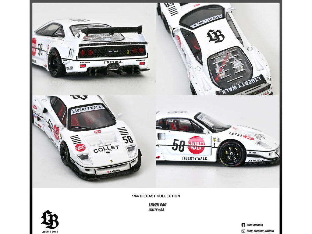 LBWK (Liberty Walk) F40 #58 White with Graphics 'Collet' 1/64 Diecast Model Car by Inno Models