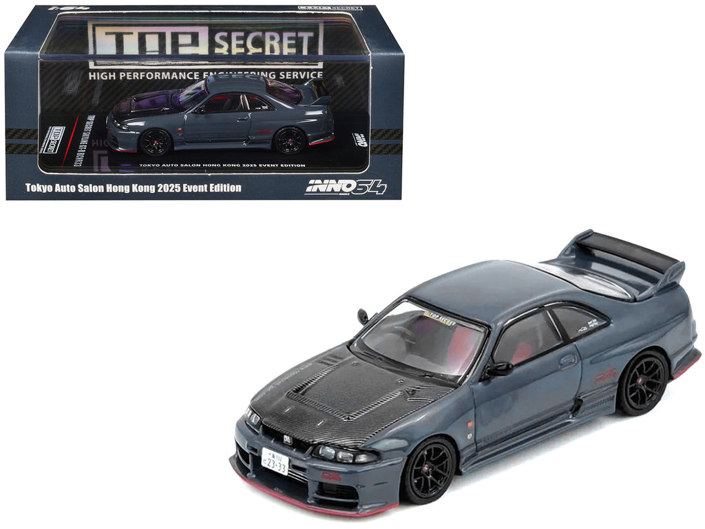 Nissan Top Secret Skyline GT-R (BCNR33) RHD (Right Hand Drive) Stealth Gray with Carbon Hood 'Tokyo Auto Salon Hong Kong 2025 Event Edition' 1/64 Diecast Model Car by Inno Models