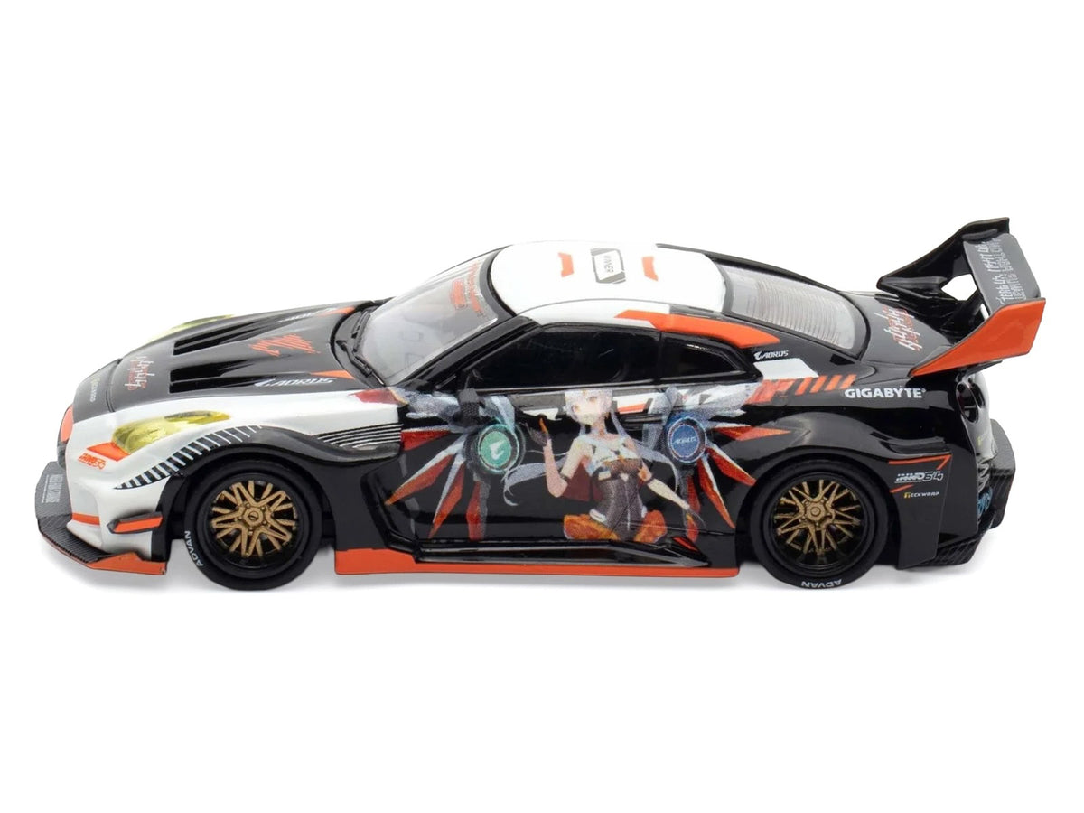 Nissan GT-R (R35) Widebody RHD (Right Hand Drive) Black and White with Graphics 'AORUS X INNO64 Limited Edition' 1/64 Diecast Model Car by Inno Models