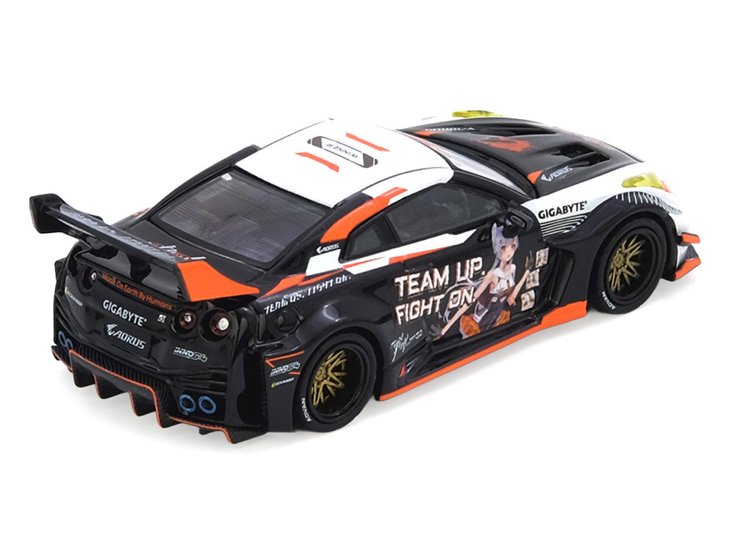 Nissan GT-R (R35) Widebody RHD (Right Hand Drive) Black and White with Graphics 'AORUS X INNO64 Limited Edition' 1/64 Diecast Model Car by Inno Models