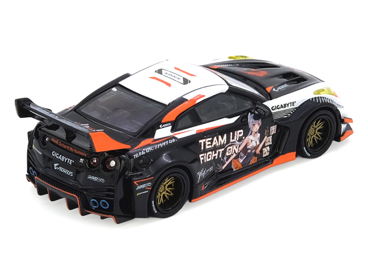 Nissan GT-R (R35) Widebody RHD (Right Hand Drive) Black and White with Graphics 'AORUS X INNO64 Limited Edition' 1/64 Diecast Model Car by Inno Models
