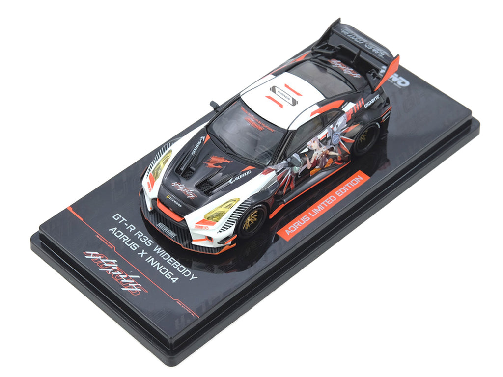Nissan GT-R (R35) Widebody RHD (Right Hand Drive) Black and White with Graphics 'AORUS X INNO64 Limited Edition' 1/64 Diecast Model Car by Inno Models