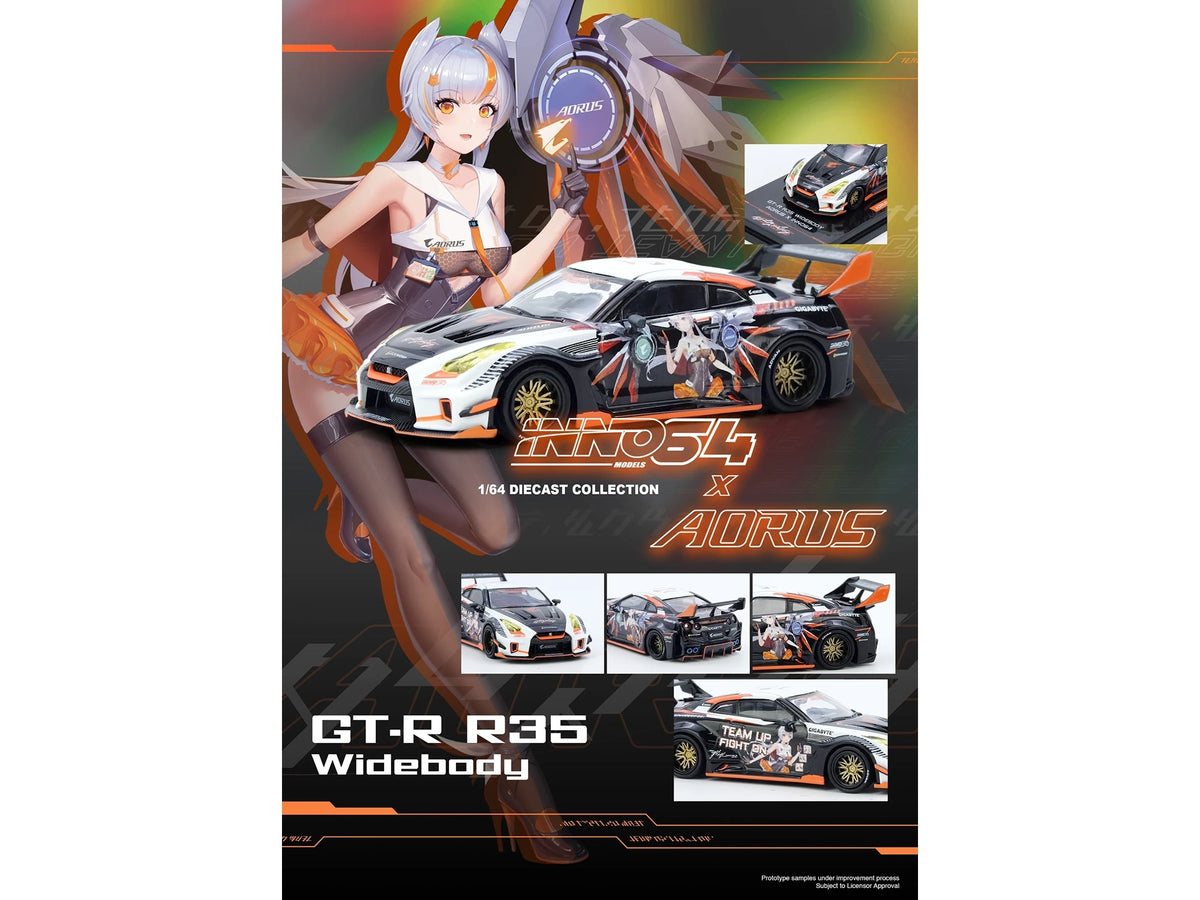 Nissan GT-R (R35) Widebody RHD (Right Hand Drive) Black and White with Graphics 'AORUS X INNO64 Limited Edition' 1/64 Diecast Model Car by Inno Models