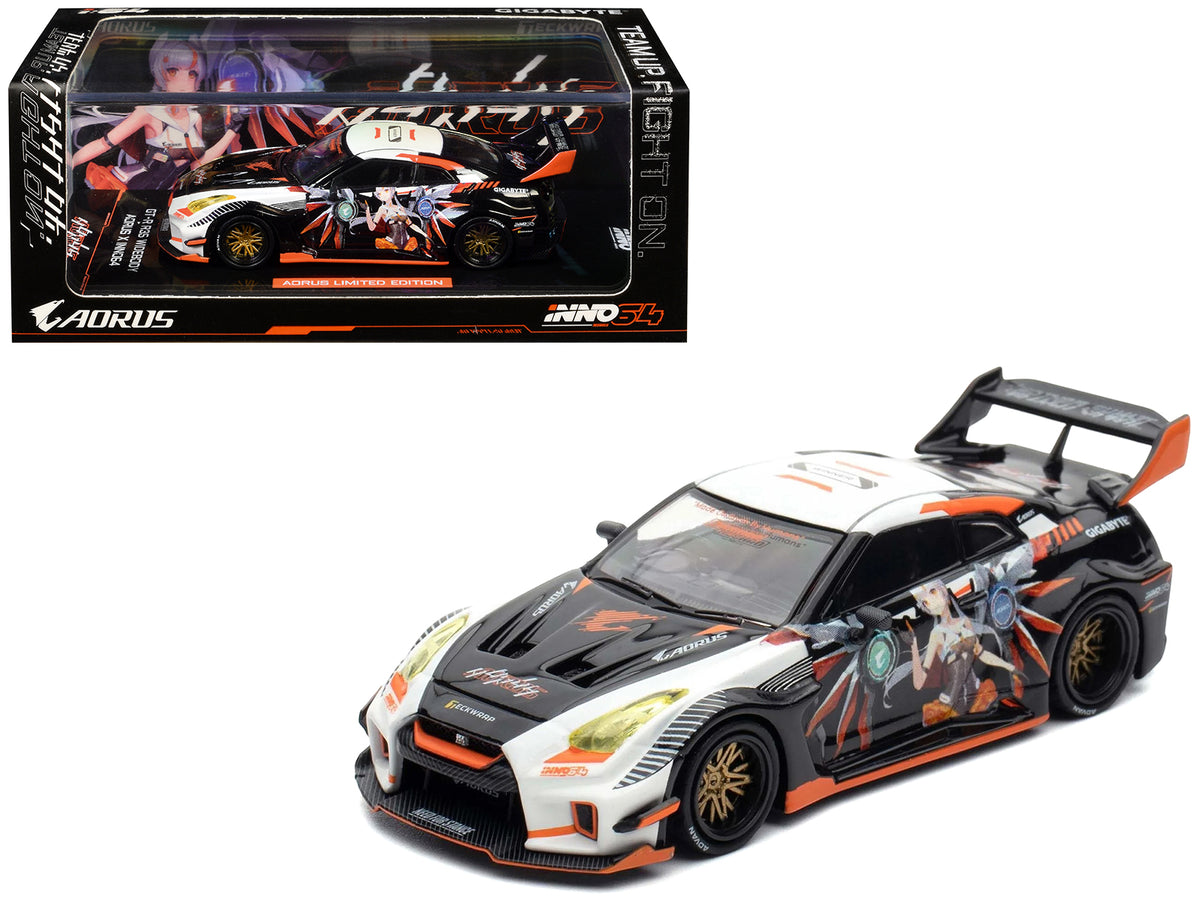 Nissan GT-R (R35) Widebody RHD (Right Hand Drive) Black and White with Graphics 'AORUS X INNO64 Limited Edition' 1/64 Diecast Model Car by Inno Models
