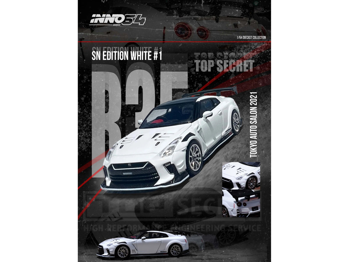 Nissan GT-R (R35) 'Top Secret' RHD (Right Hand Drive) White with Black Top 'Tokyo Auto Salon 2021' 1/64 Diecast Model Car by Inno Models