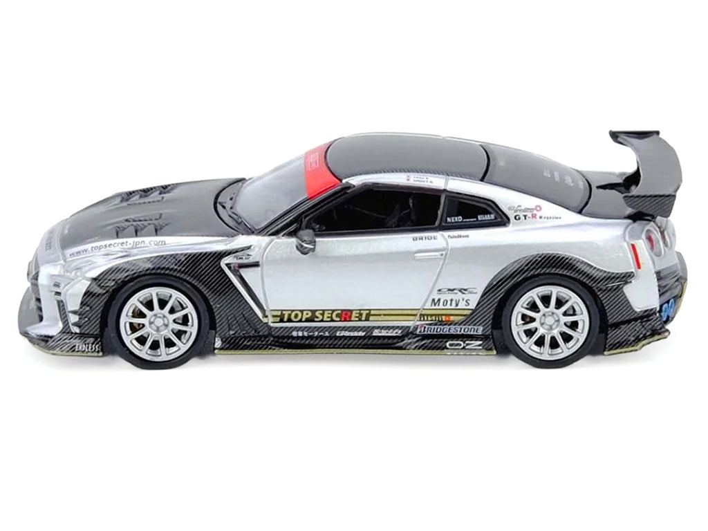 Nissan GT-R (R35) Top Secret RHD (Right Hand Drive) Silver Metallic with Carbon Hood and Top 'Tokyo Auto Salon Hong Kong 2025 Event Edition' 1/64 Diecast Model Car by Inno Models