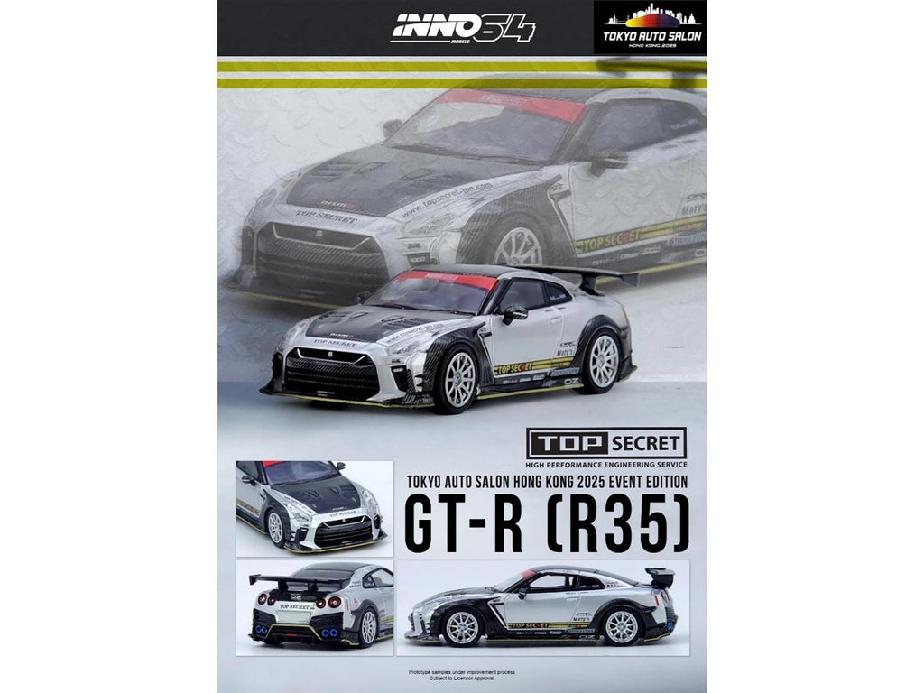 Nissan GT-R (R35) Top Secret RHD (Right Hand Drive) Silver Metallic with Carbon Hood and Top 'Tokyo Auto Salon Hong Kong 2025 Event Edition' 1/64 Diecast Model Car by Inno Models