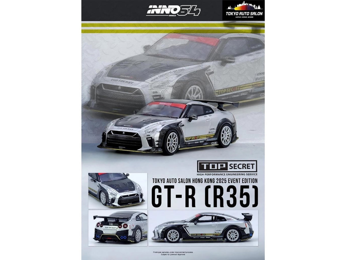 Nissan GT-R (R35) Top Secret RHD (Right Hand Drive) Silver Metallic with Carbon Hood and Top 'Tokyo Auto Salon Hong Kong 2025 Event Edition' 1/64 Diecast Model Car by Inno Models