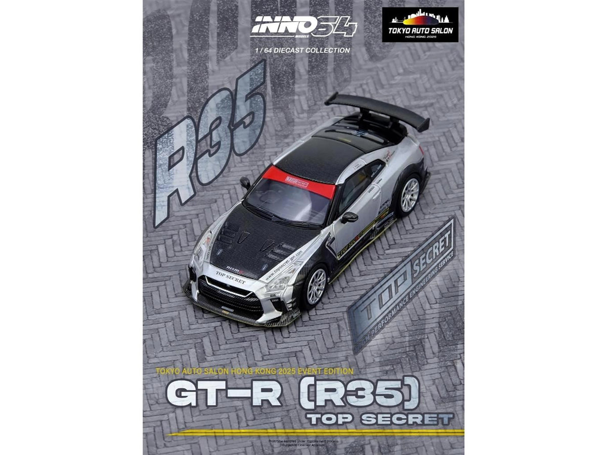Nissan GT-R (R35) Top Secret RHD (Right Hand Drive) Silver Metallic with Carbon Hood and Top 'Tokyo Auto Salon Hong Kong 2025 Event Edition' 1/64 Diecast Model Car by Inno Models