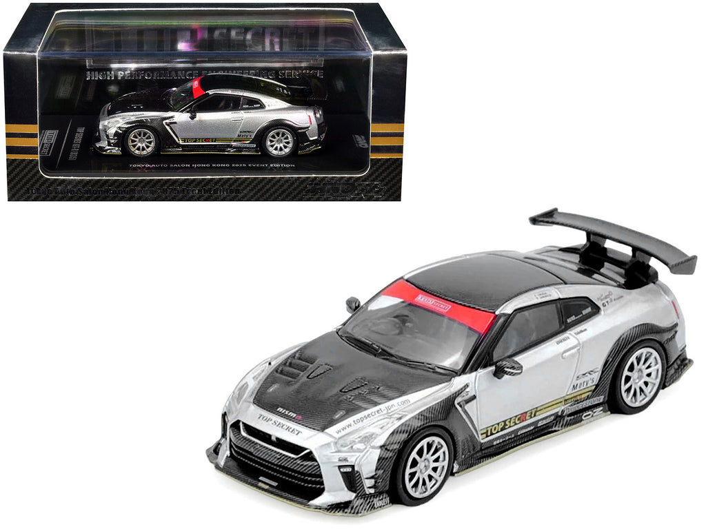 Nissan GT-R (R35) Top Secret RHD (Right Hand Drive) Silver Metallic with Carbon Hood and Top 'Tokyo Auto Salon Hong Kong 2025 Event Edition' 1/64 Diecast Model Car by Inno Models