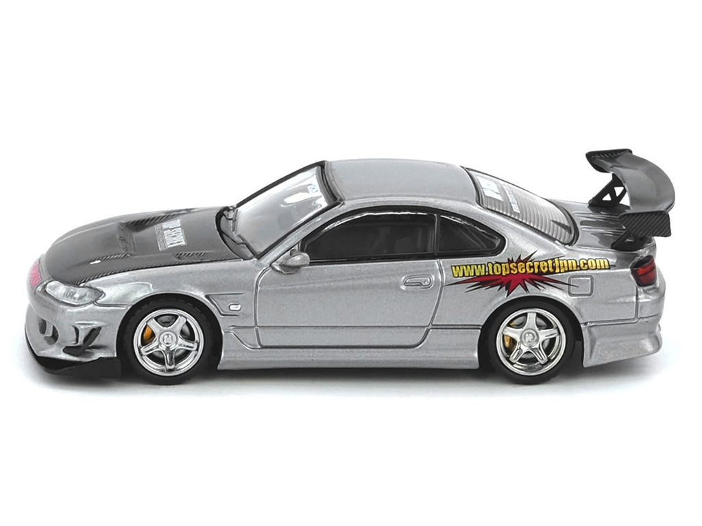 Nissan 'Top Secret' Silvia (S15) RHD (Right Hand Drive) Silver Metallic with Carbon Hood 1/64 Diecast Model Car by Inno Models