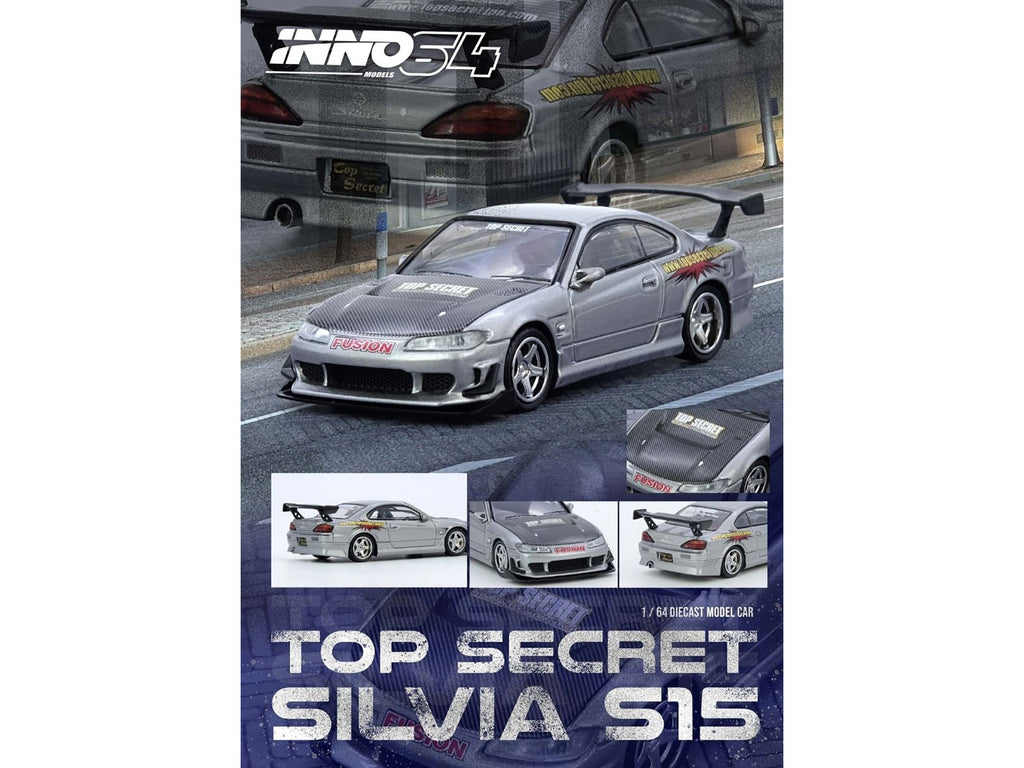 Nissan 'Top Secret' Silvia (S15) RHD (Right Hand Drive) Silver Metallic with Carbon Hood 1/64 Diecast Model Car by Inno Models