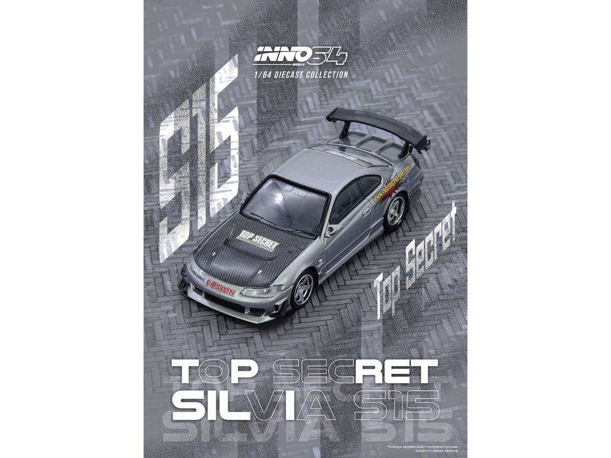 Nissan 'Top Secret' Silvia (S15) RHD (Right Hand Drive) Silver Metallic with Carbon Hood 1/64 Diecast Model Car by Inno Models