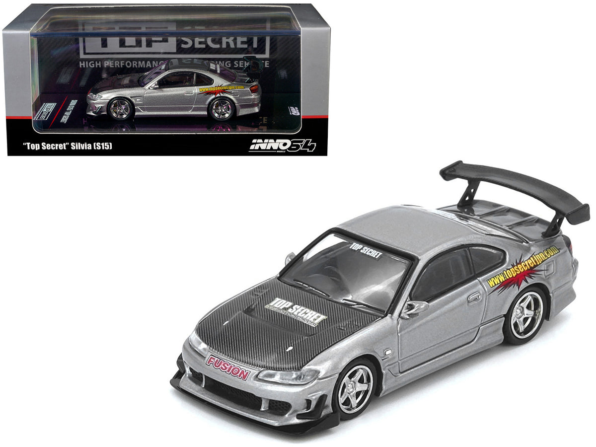 Nissan 'Top Secret' Silvia (S15) RHD (Right Hand Drive) Silver Metallic with Carbon Hood 1/64 Diecast Model Car by Inno Models