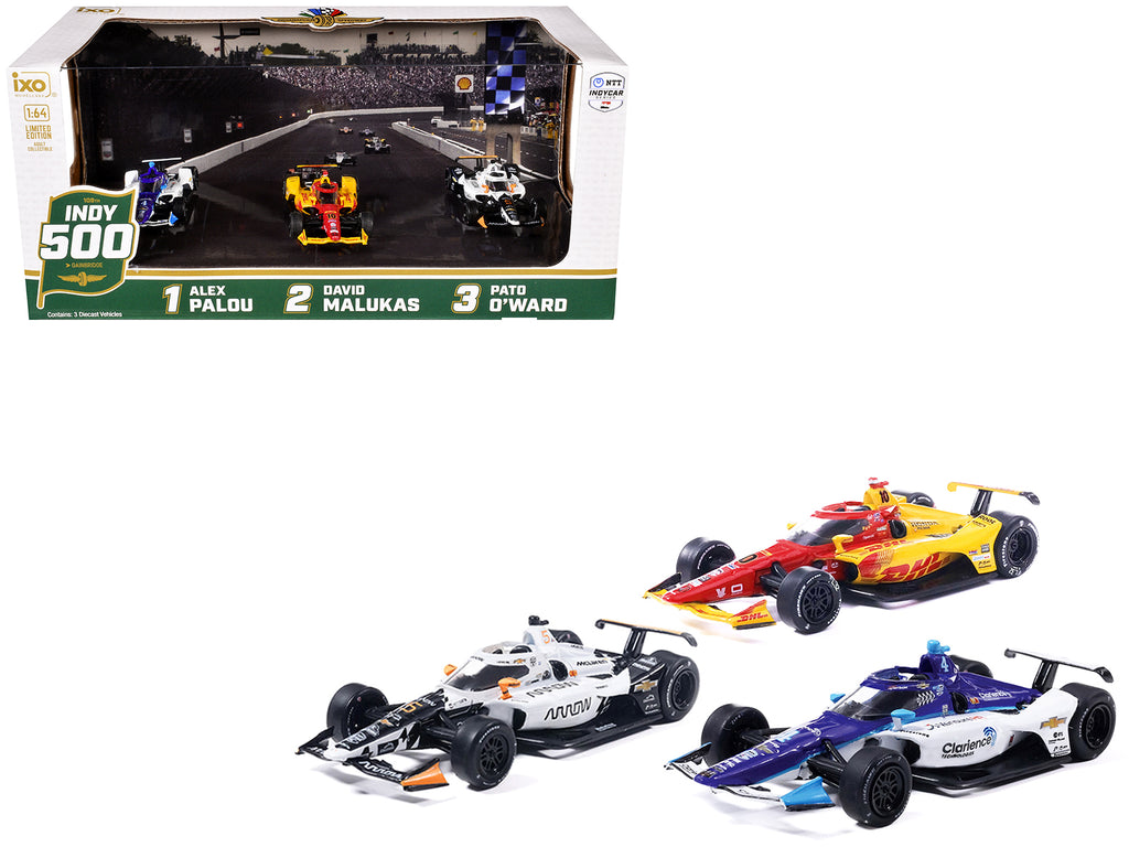 '109th Indianapolis 500' (2025) Podium Set of 3 IndyCars 1/64 Diecast Model Cars by IXO Models