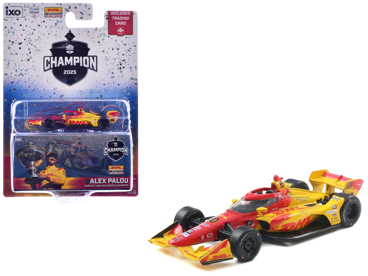 Dallara IndyCar #10 Alex Palou 'DHL' Chip Ganassi Racing (Road Course Configuration) Champion 'NTT IndyCar Series' (2025) with Trading Card 1/64 Diecast Model Car by IXO Models