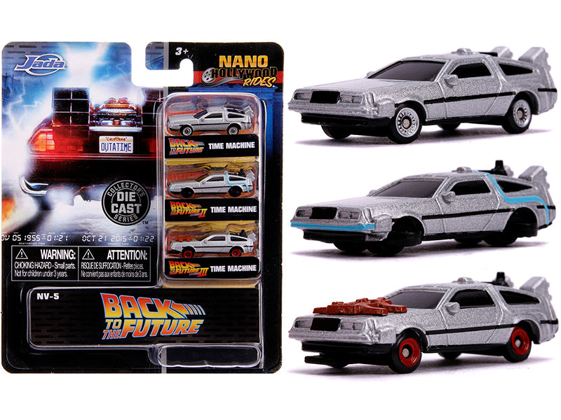 'Back to the Future' Time Machine 3 piece Set 'Nano Hollywood Rides' Diecast Model Cars by Jada