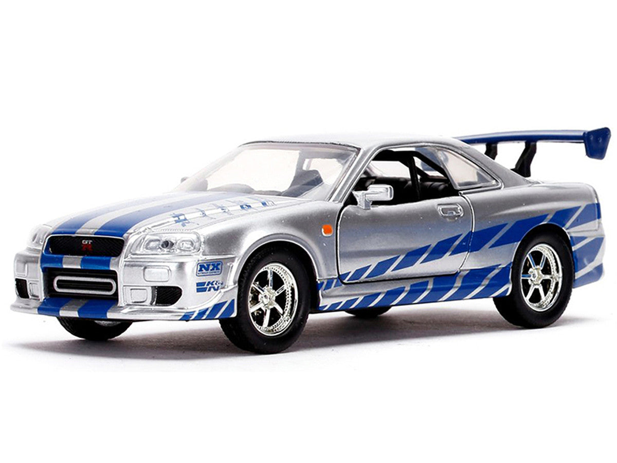 Brian's Nissan Skyline GT-R (BNR34) Silver with Blue Stripes and Nissan GT-R (BNR34) Blue Metallic Set of 2 pieces '25 Years of Fast & Furious' Series 1/32 Diecast Model Cars by Jada