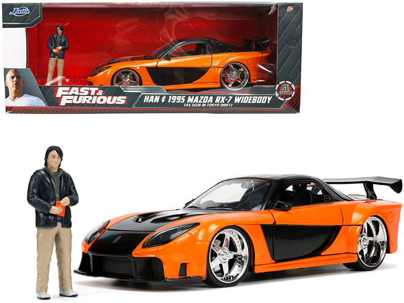 1995 Mazda RX-7 Widebody RHD (Right Hand Drive) Orange Metallic and Black with Han Diecast Figurine 'The Fast and the Furious: Tokyo Drift' (2006) Movie 1/24 Diecast Model Car by Jada