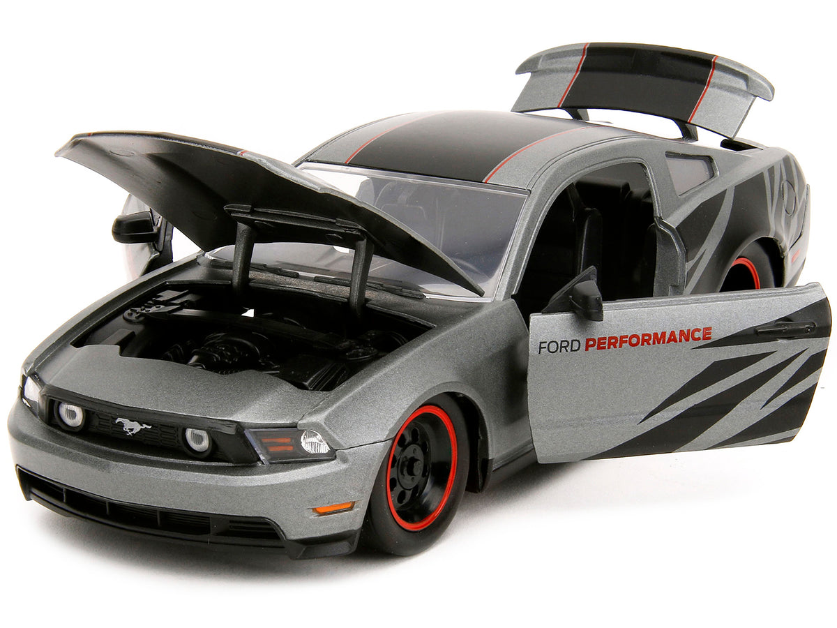 2010 Ford Mustang GT Matt Gray Metallic with Black Graphics and Stripes 'Ford Performance' 'Bigtime Muscle' Series 1/24 Diecast Model Car by Jada