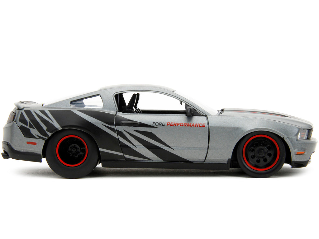 2010 Ford Mustang GT Matt Gray Metallic with Black Graphics and Stripes 'Ford Performance' 'Bigtime Muscle' Series 1/24 Diecast Model Car by Jada