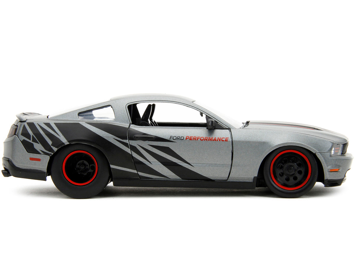 2010 Ford Mustang GT Matt Gray Metallic with Black Graphics and Stripes 'Ford Performance' 'Bigtime Muscle' Series 1/24 Diecast Model Car by Jada