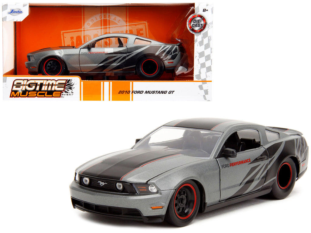 2010 Ford Mustang GT Matt Gray Metallic with Black Graphics and Stripes 'Ford Performance' 'Bigtime Muscle' Series 1/24 Diecast Model Car by Jada
