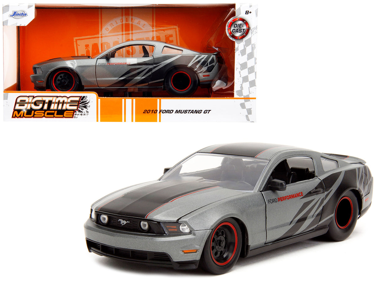 2010 Ford Mustang GT Matt Gray Metallic with Black Graphics and Stripes 'Ford Performance' 'Bigtime Muscle' Series 1/24 Diecast Model Car by Jada