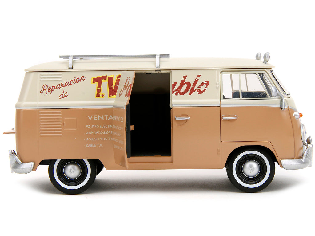 Volkswagen Bus 'WheelJack' Tan and Beige 'Frank's TV Repair' and Transformers Logo Diecast Statue 'Transformers: Rise of the Beasts' (2023) Movie 'Hollywood Rides' Series 1/24 Diecast Model Car by Jada
