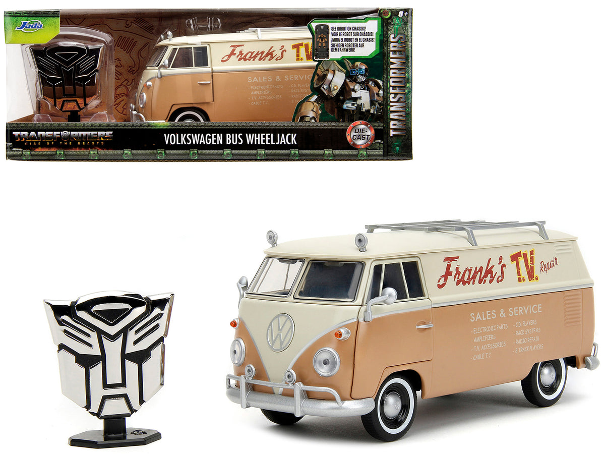 Volkswagen Bus 'WheelJack' Tan and Beige 'Frank's TV Repair' and Transformers Logo Diecast Statue 'Transformers: Rise of the Beasts' (2023) Movie 'Hollywood Rides' Series 1/24 Diecast Model Car by Jada