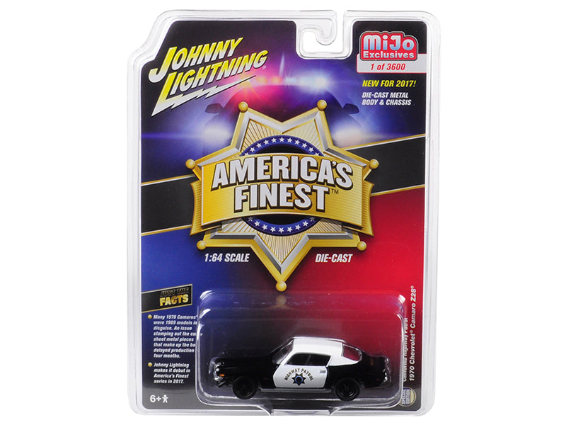 1970 Chevrolet Camaro Z28 California Highway Patrol (CHP) Black and White 'America's Finest' Limited Edition to 3600 pieces Worldwide 1/64 Diecast Model Car by Johnny Lightning