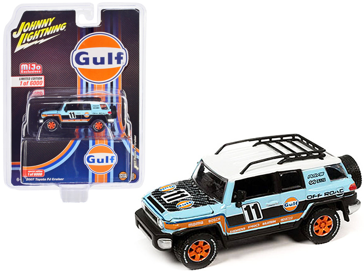 2007 Toyota FJ Cruiser #11 Light Blue 'Gulf Oil' with Roofrack Limited Edition to 6000 pieces Worldwide 1/64 Diecast Model Car by Johnny Lightning