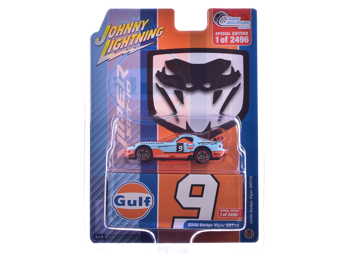 2008 Dodge Viper SRT10 #9 'Gulf Oil' Light Blue and Orange Limited Edition to 2496 pieces Worldwide 1/64 Diecast Model Car by Johnny Lightning
