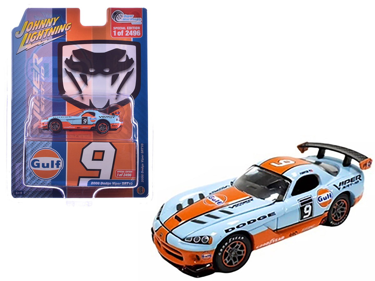 2008 Dodge Viper SRT10 #9 'Gulf Oil' Light Blue and Orange Limited Edition to 2496 pieces Worldwide 1/64 Diecast Model Car by Johnny Lightning