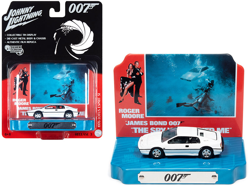 1976 Lotus Esprit S1 White with Collectible Tin Display '007' (James Bond) 'The Spy Who Loved Me' (1977) Movie (10th in the James Bond Series) 1/64 Diecast Model Car by Johnny Lightning
