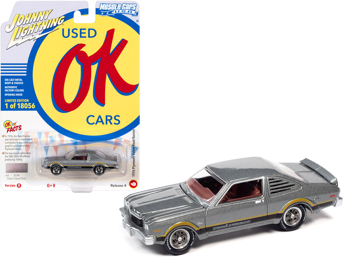1976 Plymouth Volare Road Runner Silver Cloud Metallic with Stripes 'OK Used Cars' Series Limited Edition to 18056 pieces Worldwide 1/64 Diecast Model Car by Johnny Lightning