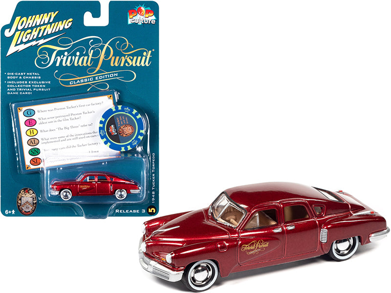 1948 Tucker Torpedo Red Maroon Metallic 'Tucker: The Man and His Dream' (1988) Movie with Poker Chip (Collector Token) and Game Card 'Trivial Pursuit' 'Pop Culture' Series 3 1/64 Diecast Model Car by Johnny Lightning